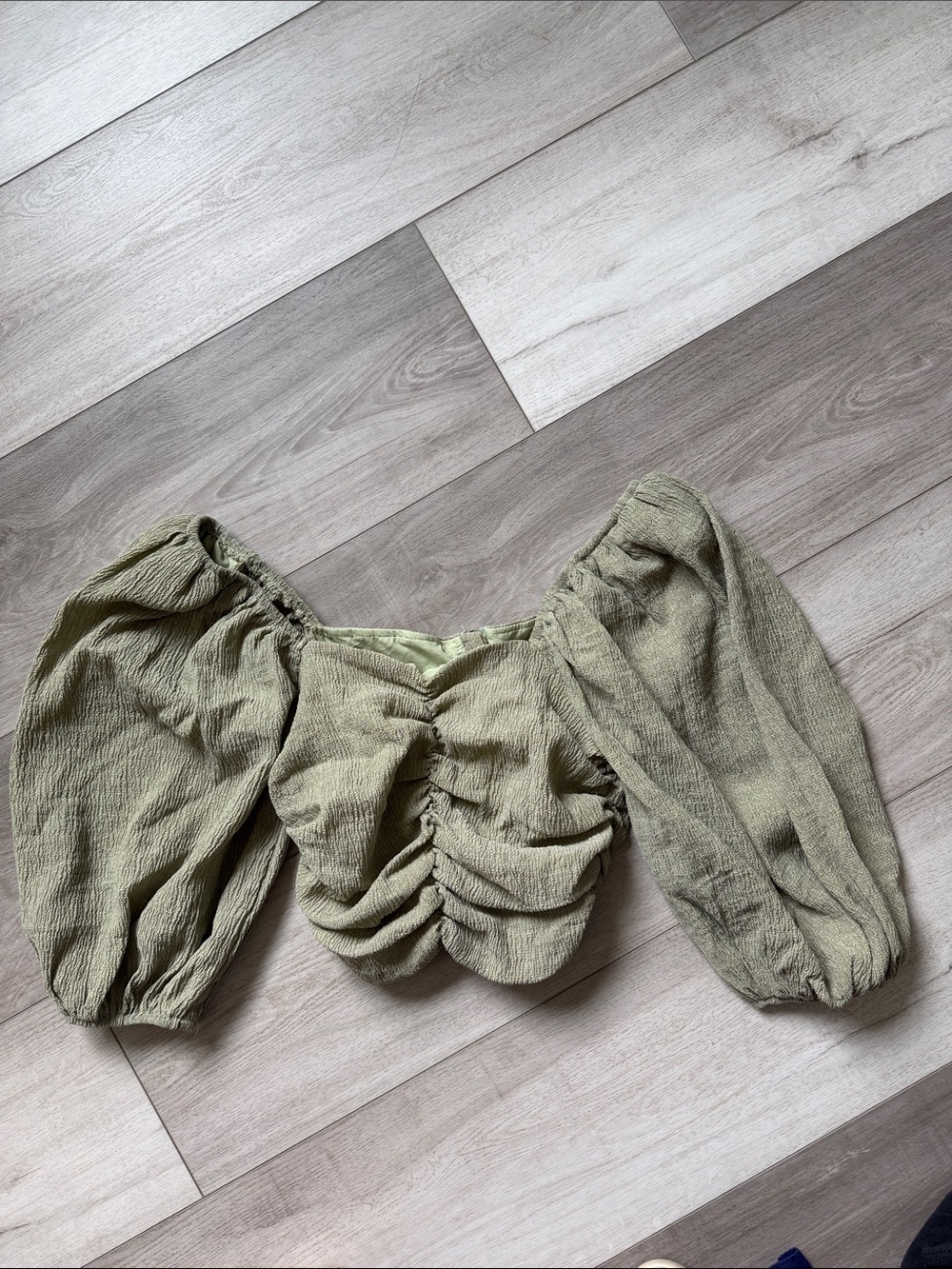 Olive Green Ruched Puff Sleeve Crop Top